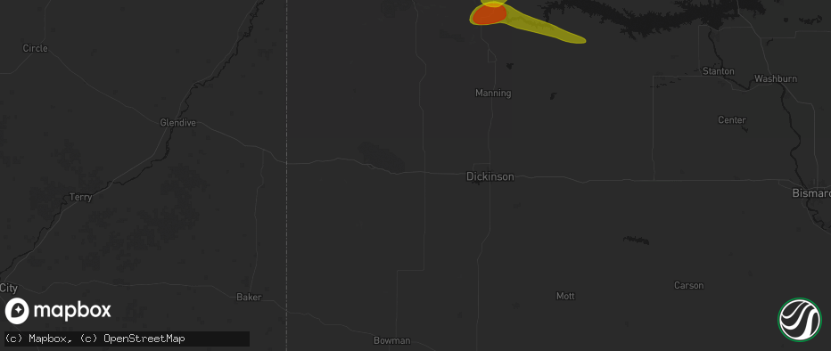 Hail map in Belfield, ND on July 5, 2026