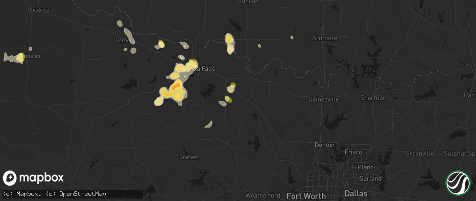 Hail map in Bellevue, TX on July 5, 2026