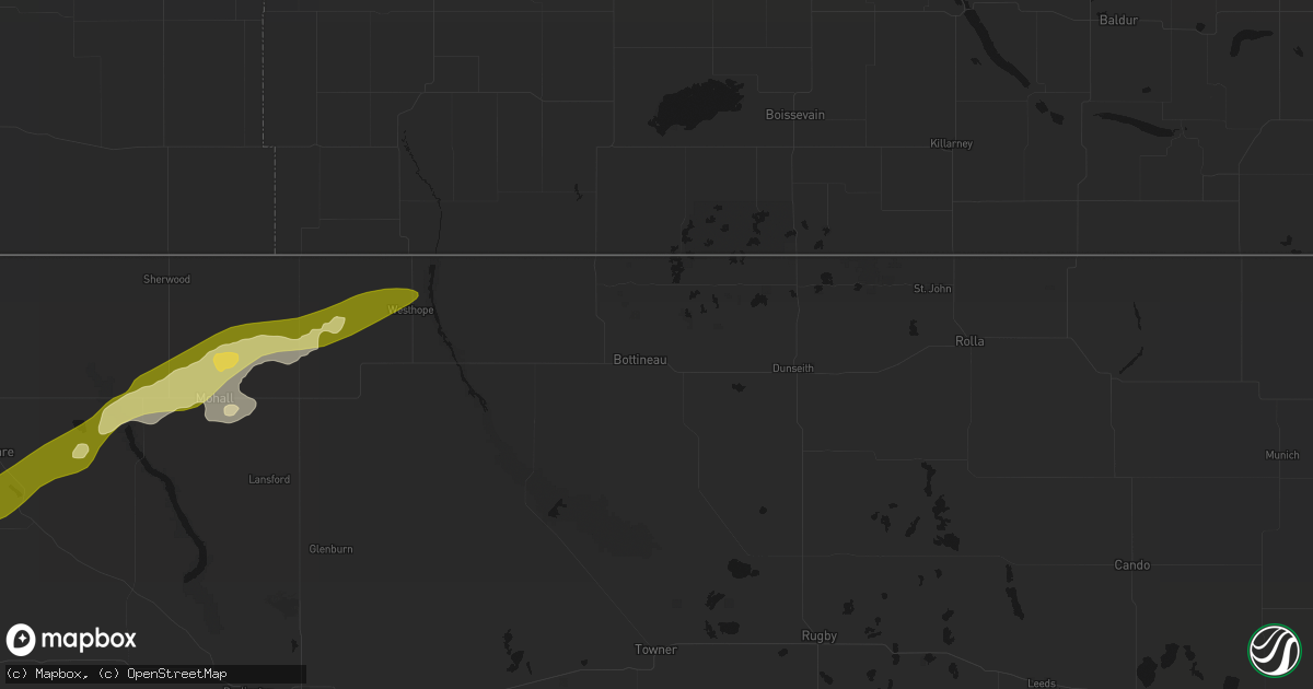 Hail map in Bottineau, ND on July 5, 2026