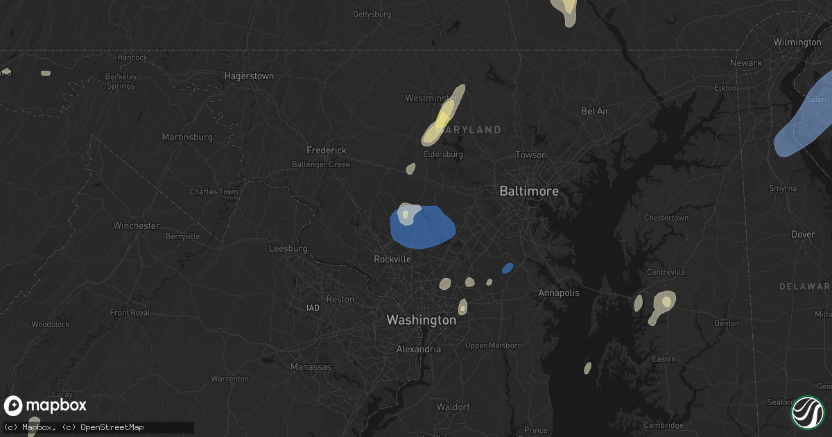 Hail map in Brookeville, MD on July 5, 2026