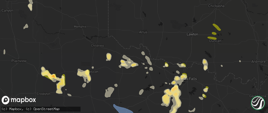 Hail map in Chillicothe, TX on July 5, 2026