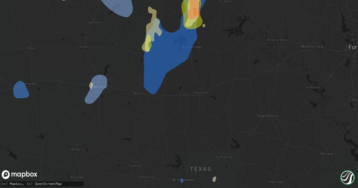 Hail map in Cisco, TX on July 5, 2026