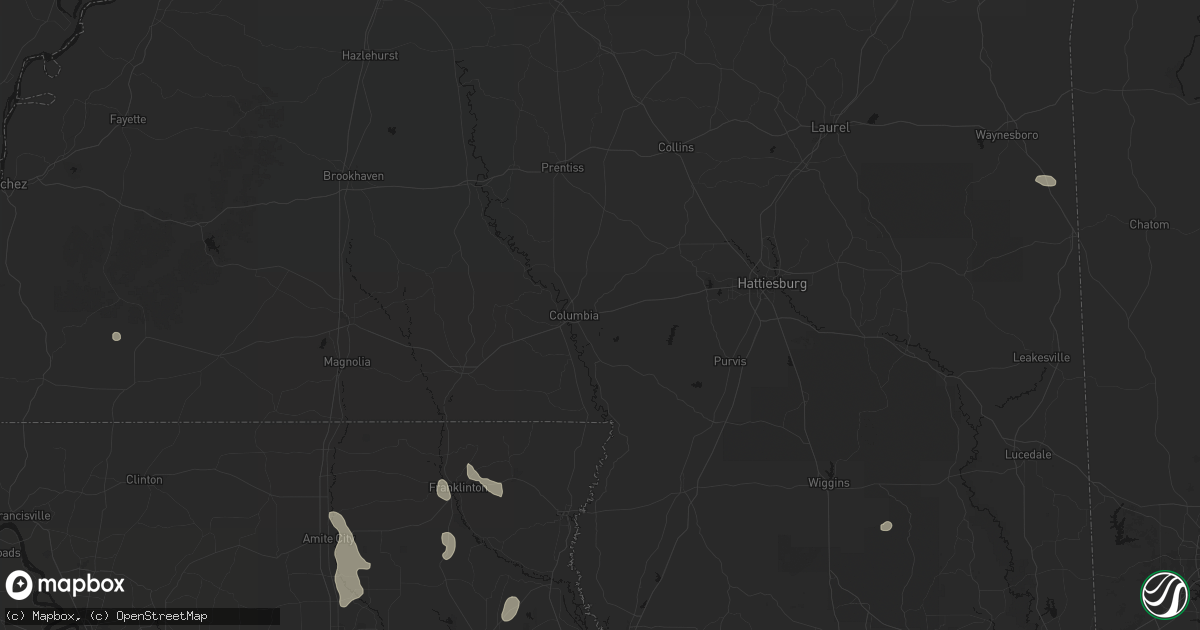 Hail map in Columbia, MS on July 5, 2026