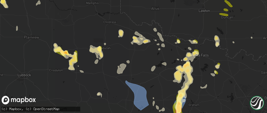 Hail map in Crowell, TX on July 5, 2026