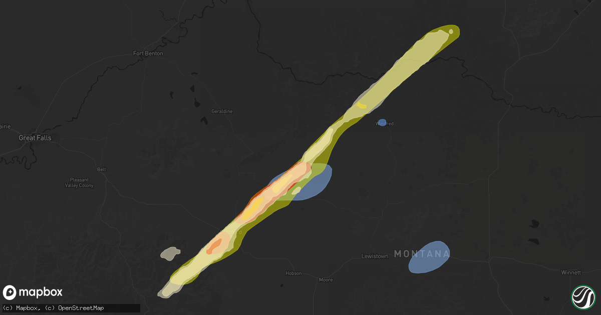 Hail map in Denton, MT on July 5, 2026