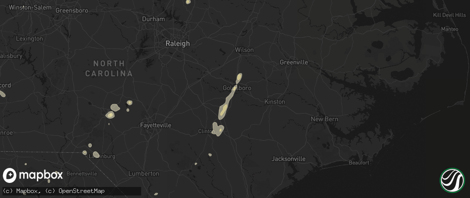 Hail map in Dudley, NC on July 5, 2026