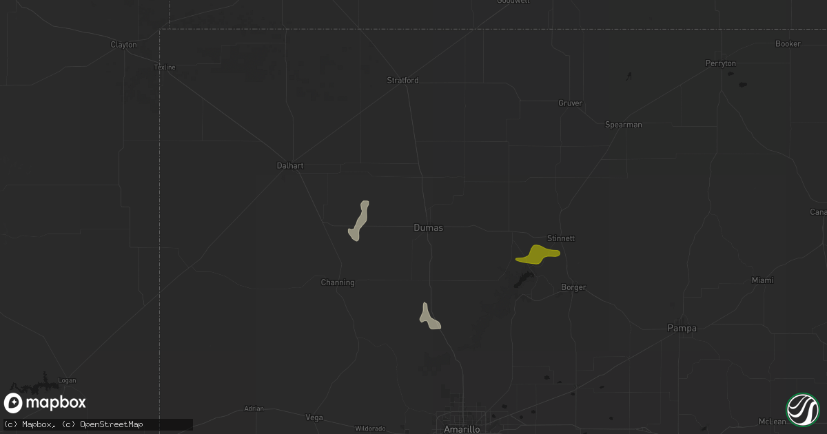 Hail map in Dumas, TX on July 5, 2026