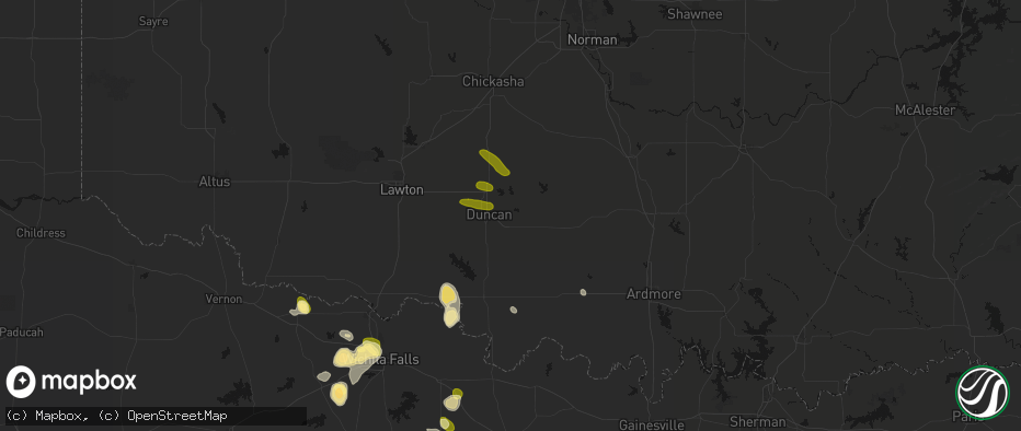 Hail map in Duncan, OK on July 5, 2026