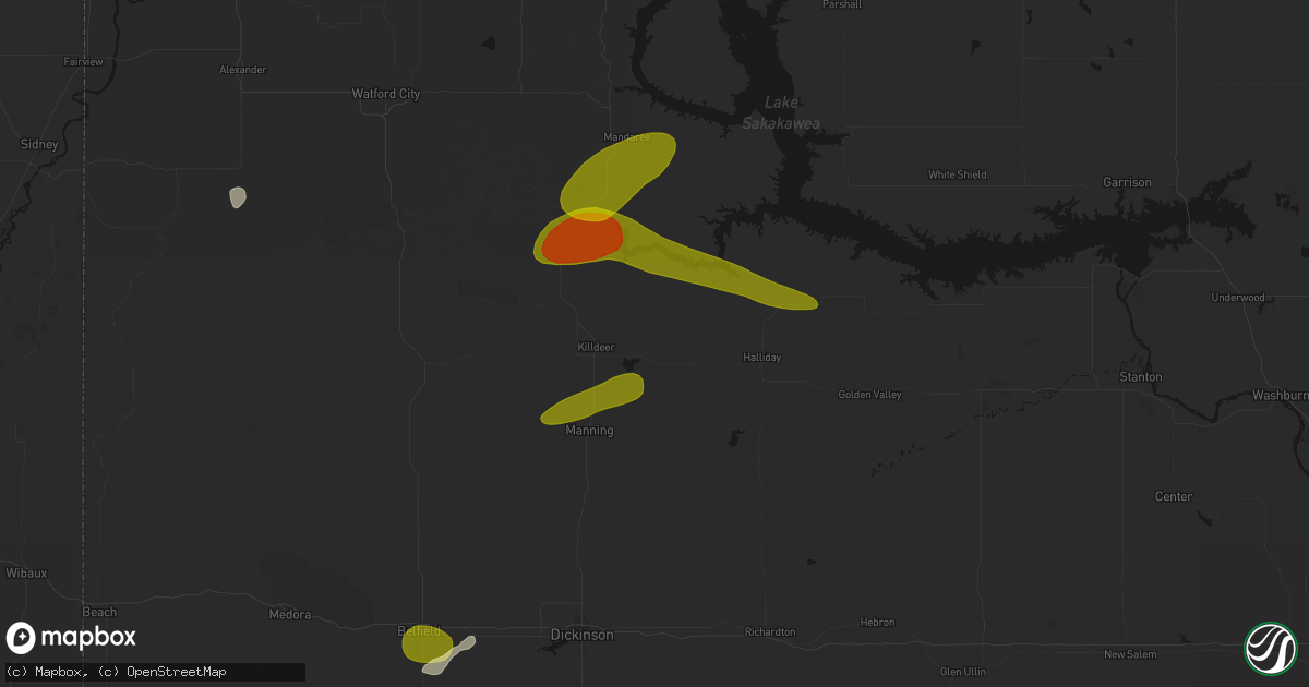 Hail map in Dunn Center, ND on July 5, 2026