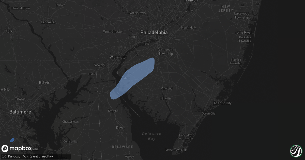 Hail map in Elmer, NJ on July 5, 2026