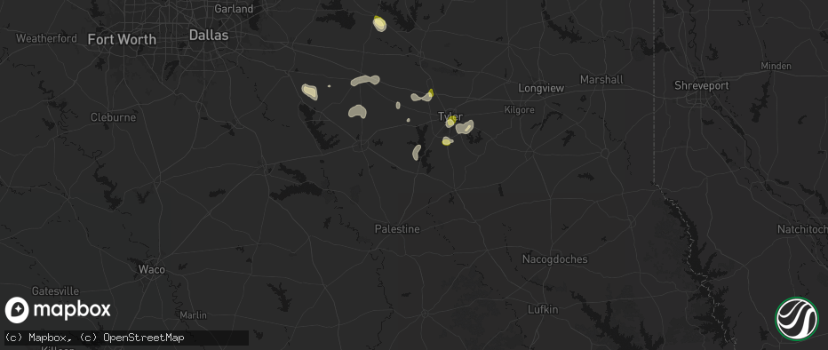Hail map in Frankston, TX on July 5, 2026