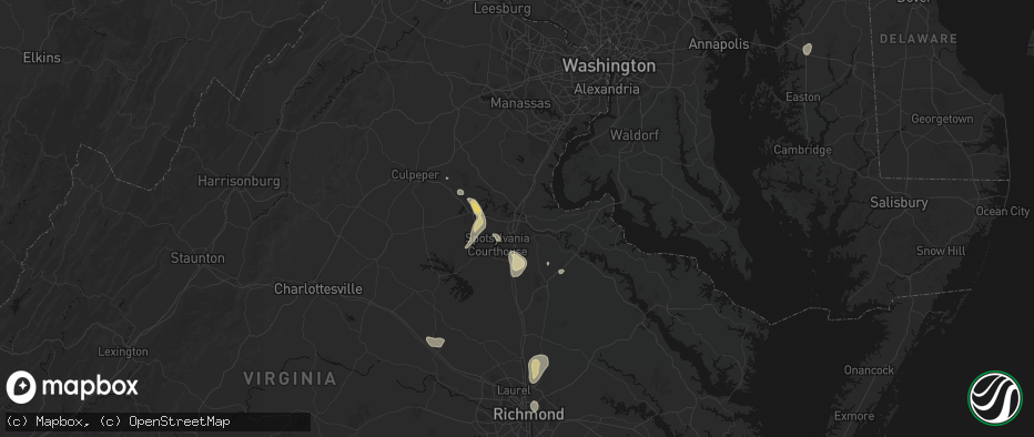Hail map in Fredericksburg, VA on July 5, 2026