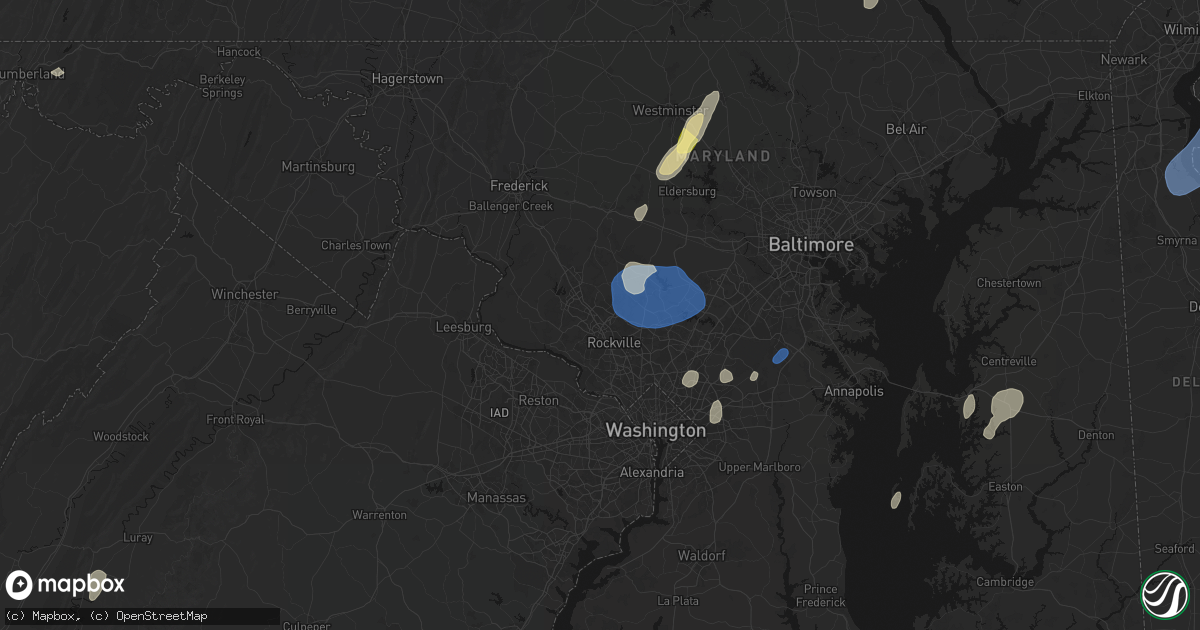 Hail map in Gaithersburg, MD on July 5, 2026