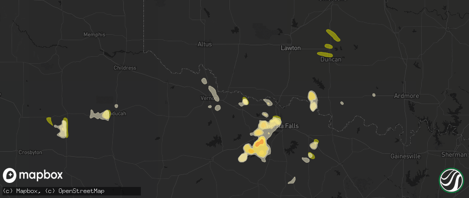 Hail map in Harrold, TX on July 5, 2026