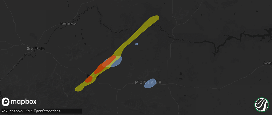 Hail map in Hilger, MT on July 5, 2026