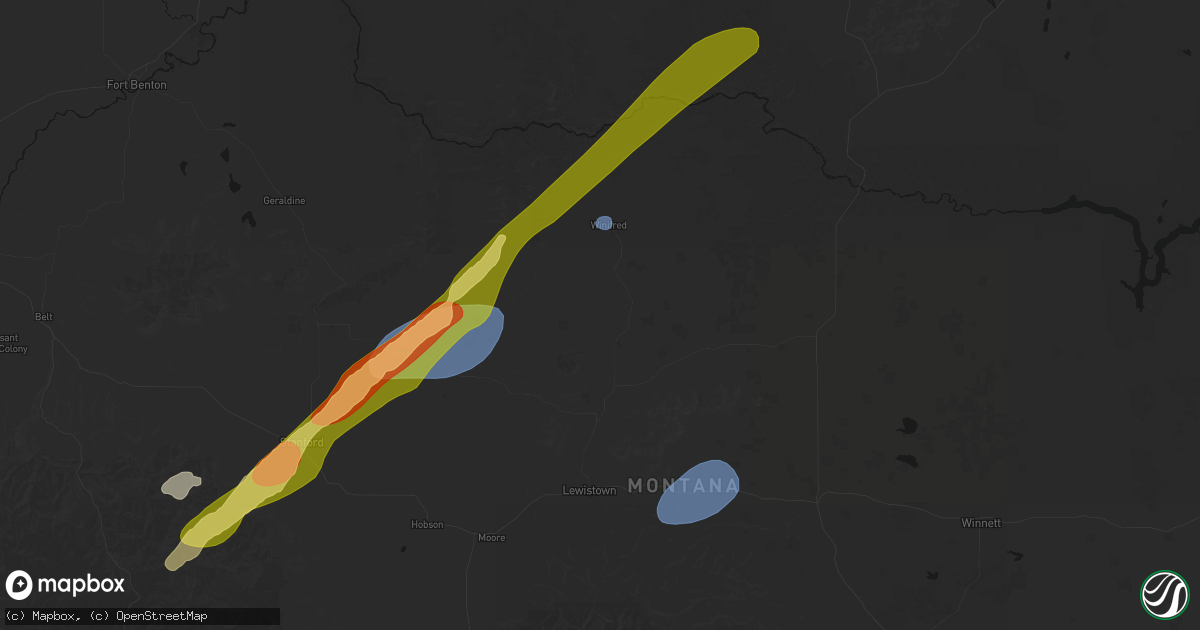 Hail map in Hilger, MT on July 5, 2026