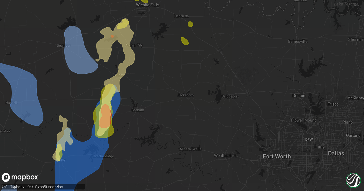 Hail map in Jacksboro, TX on July 5, 2026