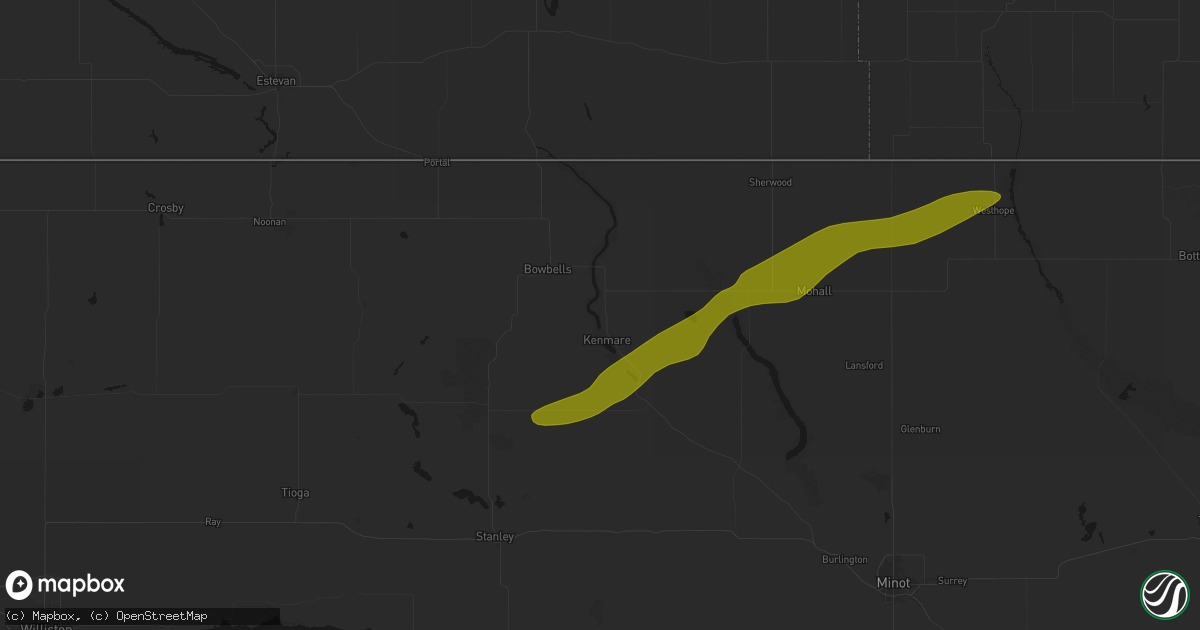Hail map in Kenmare, ND on July 5, 2026