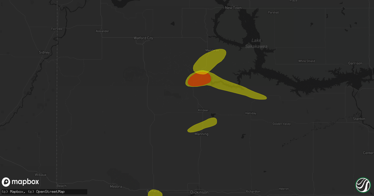 Hail map in Killdeer, ND on July 5, 2026