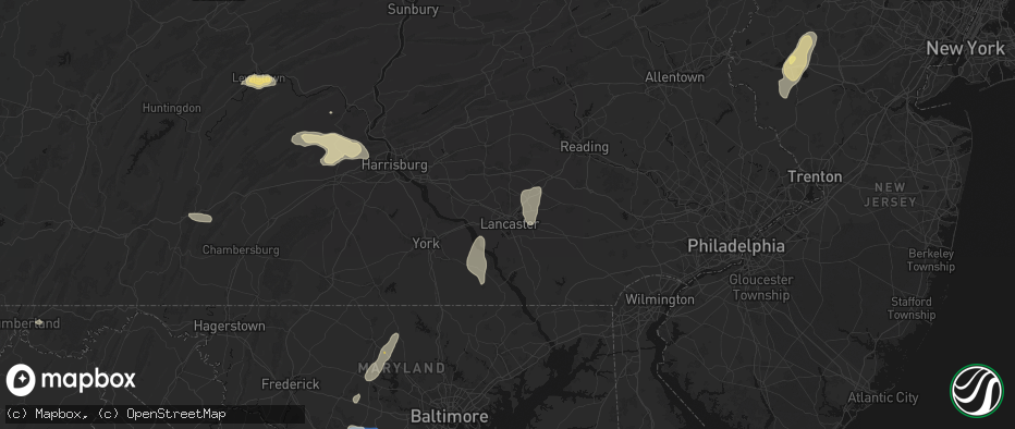 Hail map in Lancaster, PA on July 5, 2026