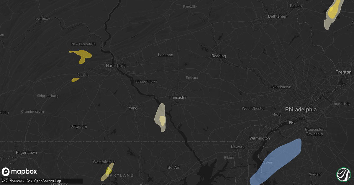 Hail map in Lancaster, PA on July 5, 2026