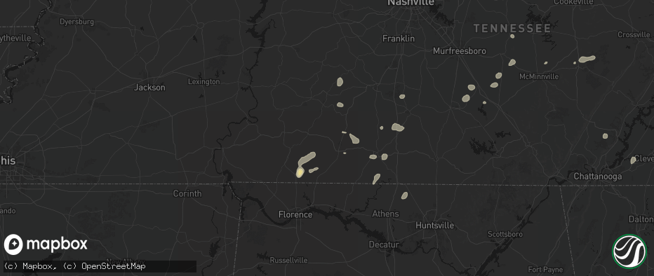 Hail map in Lawrenceburg, TN on July 5, 2026