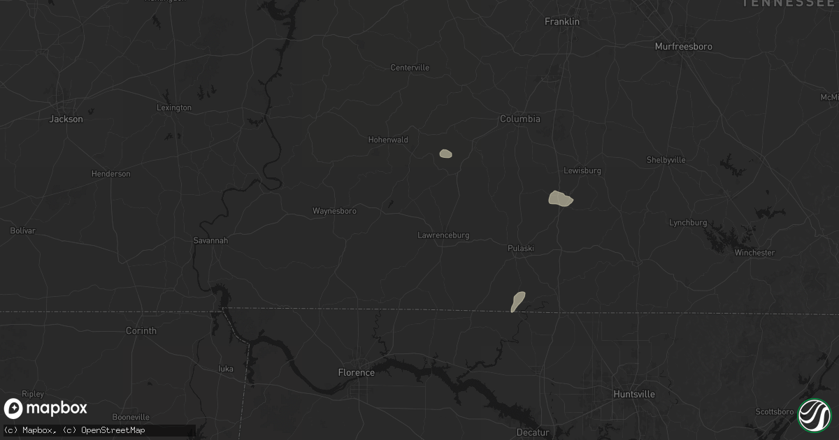 Hail map in Lawrenceburg, TN on July 5, 2026