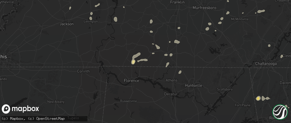 Hail map in Loretto, TN on July 5, 2026