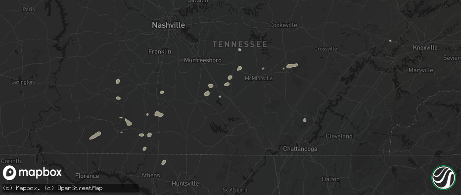 Hail map in Manchester, TN on July 5, 2026