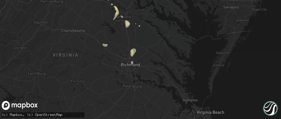Hail map in Mechanicsville, VA on July 5, 2026