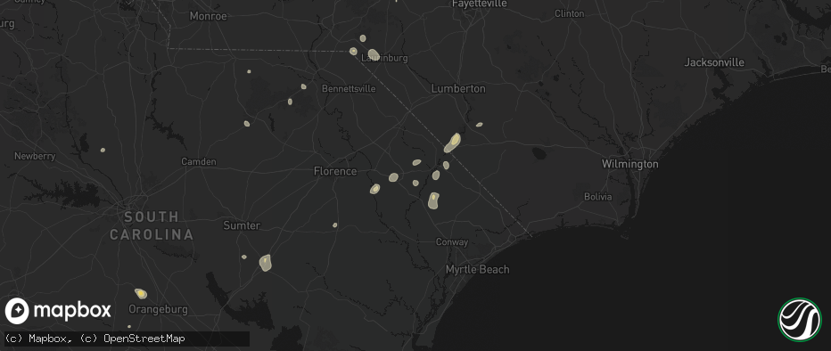 Hail map in Mullins, SC on July 5, 2026