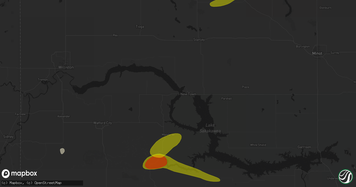 Hail map in New Town, ND on July 5, 2026