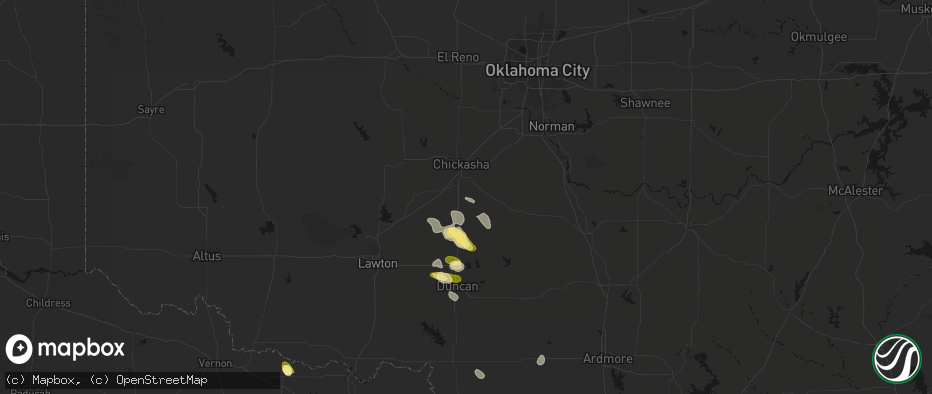 Hail map in Ninnekah, OK on July 5, 2026