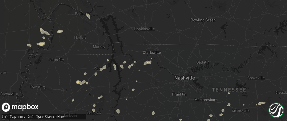 Hail map in Palmyra, TN on July 5, 2026
