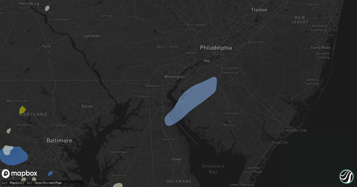 Hail map in Pennsville, NJ on July 5, 2026