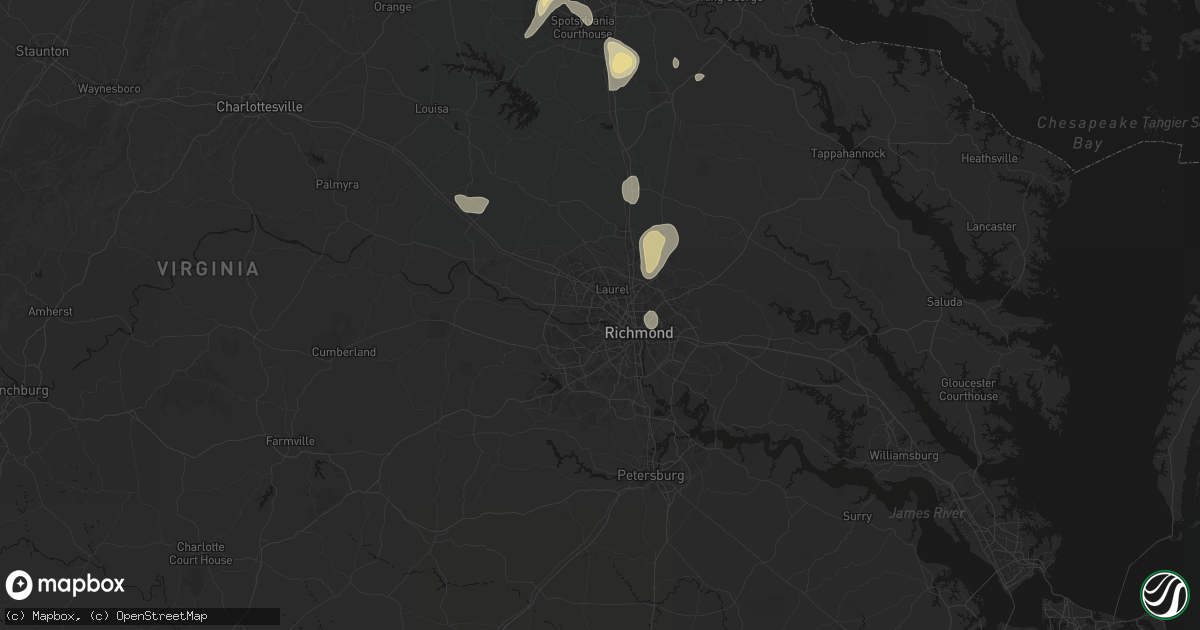 Hail map in Richmond, VA on July 5, 2026