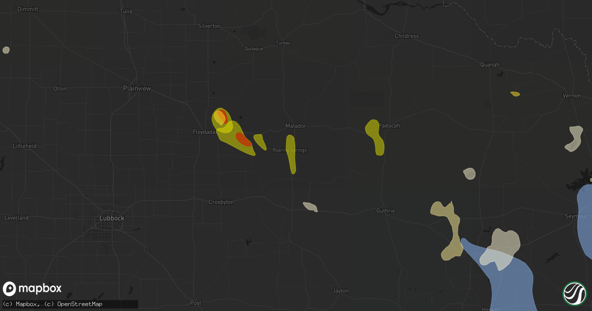 Hail map in Roaring Springs, TX on July 5, 2026