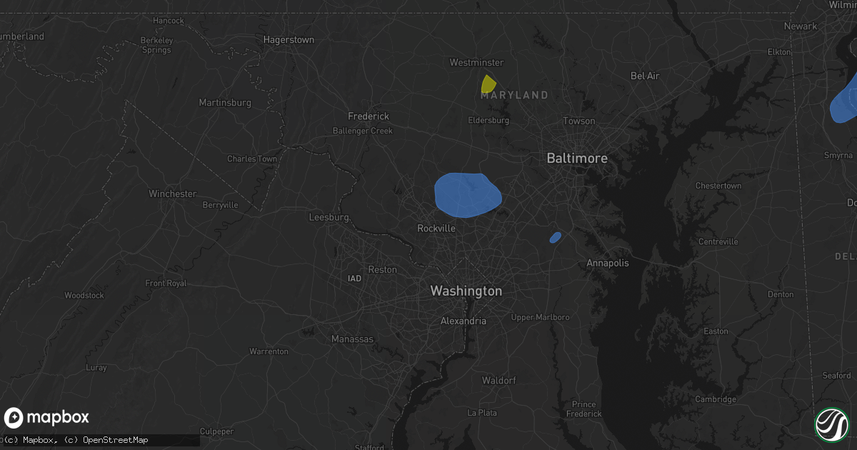 Hail map in Rockville, MD on July 5, 2026