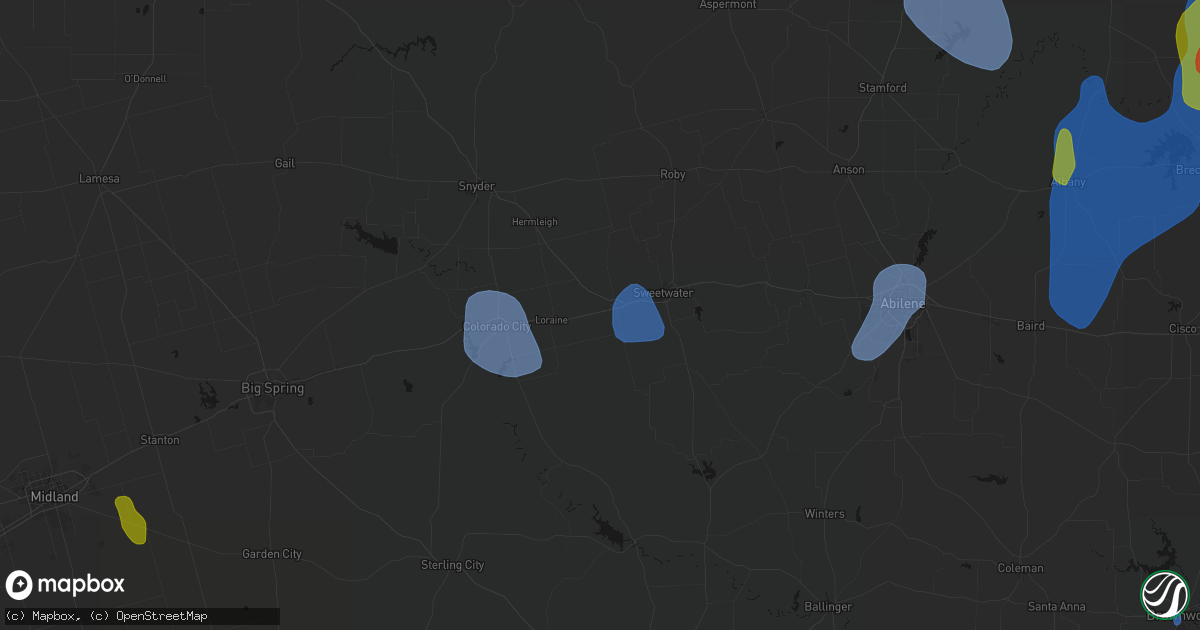 Hail map in Roscoe, TX on July 5, 2026