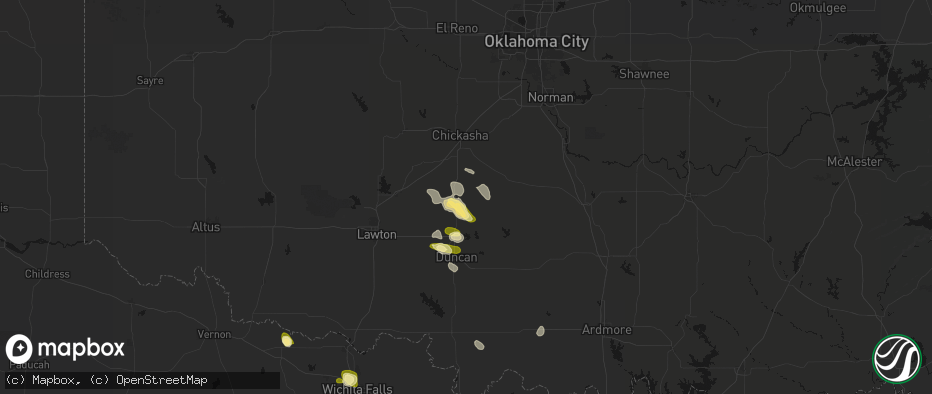 Hail map in Rush Springs, OK on July 5, 2026