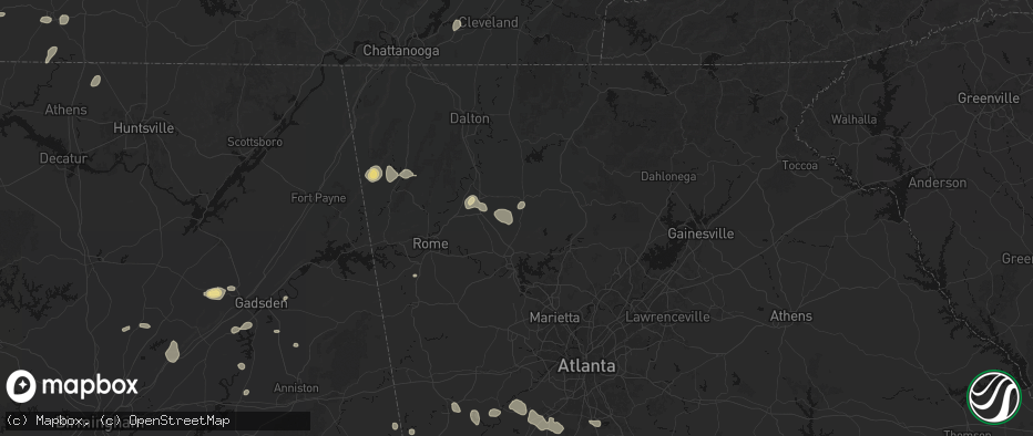 Hail map in Rydal, GA on July 5, 2026