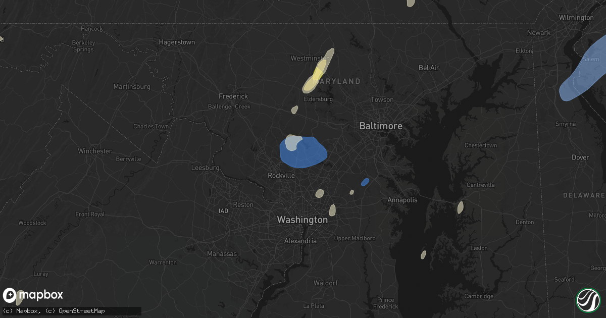 Hail map in Sandy Spring, MD on July 5, 2026