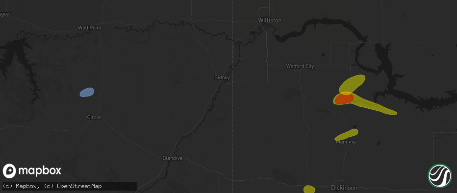 Hail map in Sidney, MT on July 5, 2026