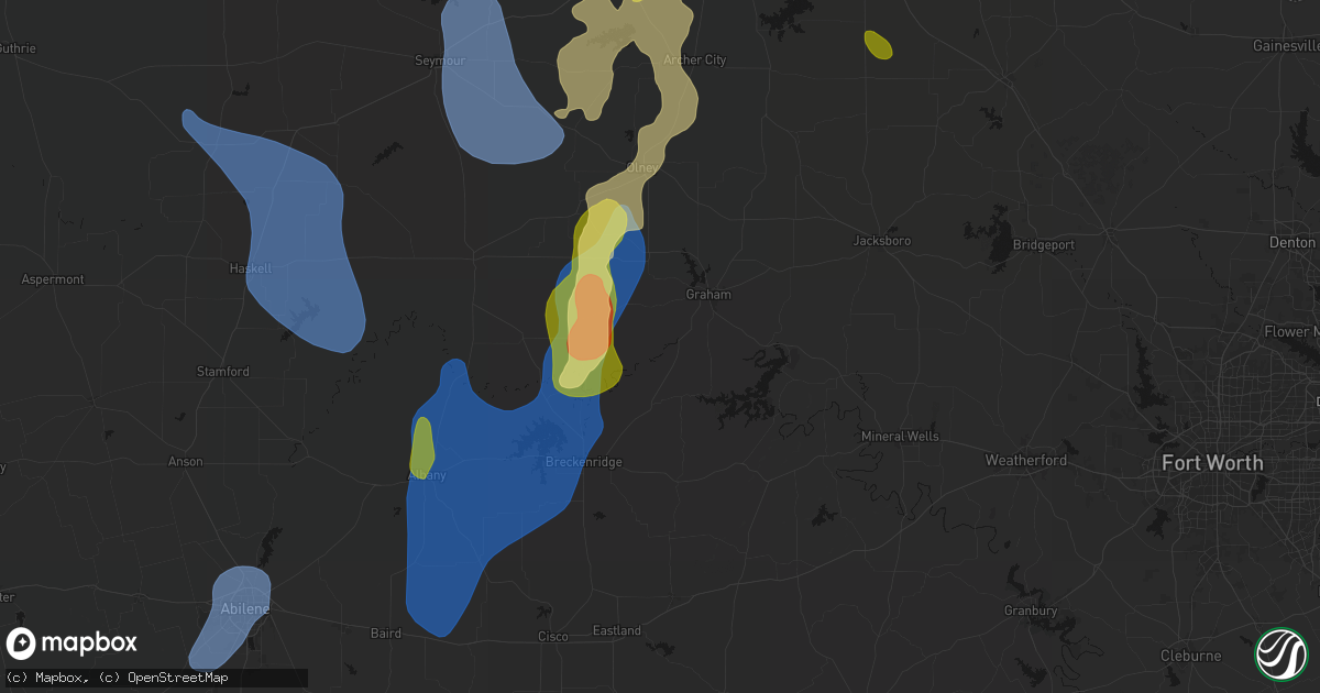Hail map in South Bend, TX on July 5, 2026