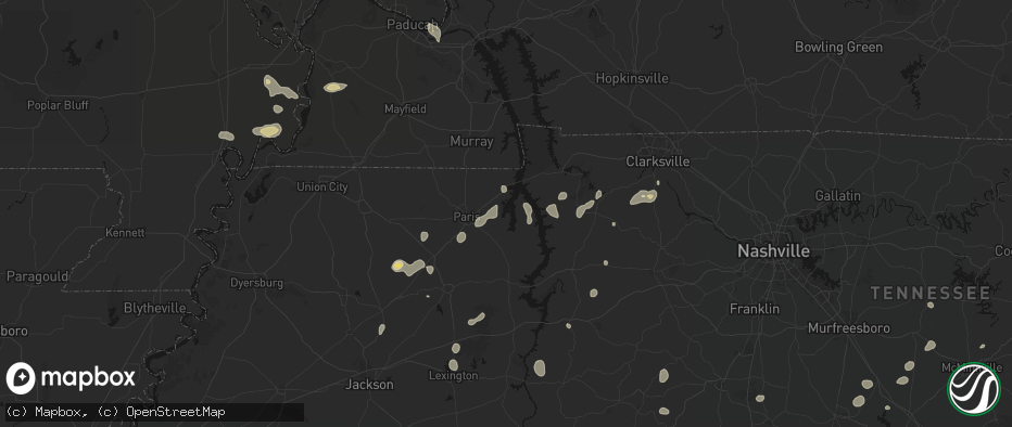 Hail map in Springville, TN on July 5, 2026