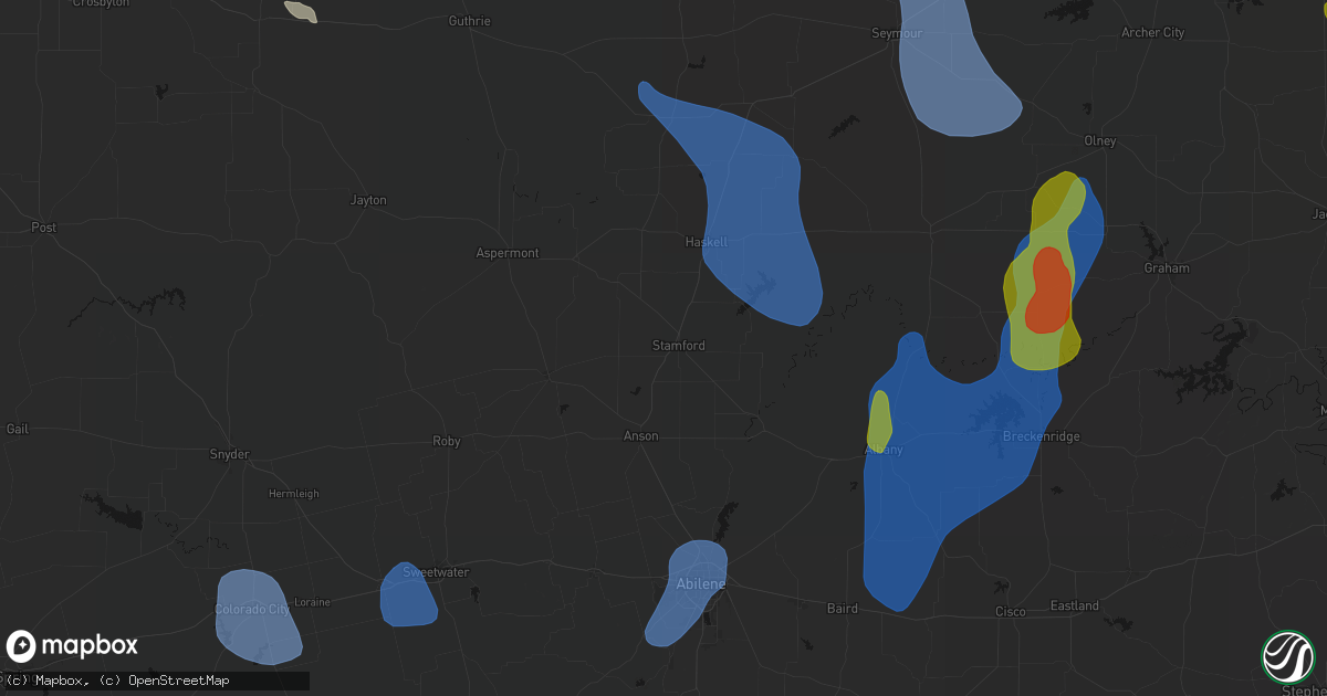 Hail map in Stamford, TX on July 5, 2026