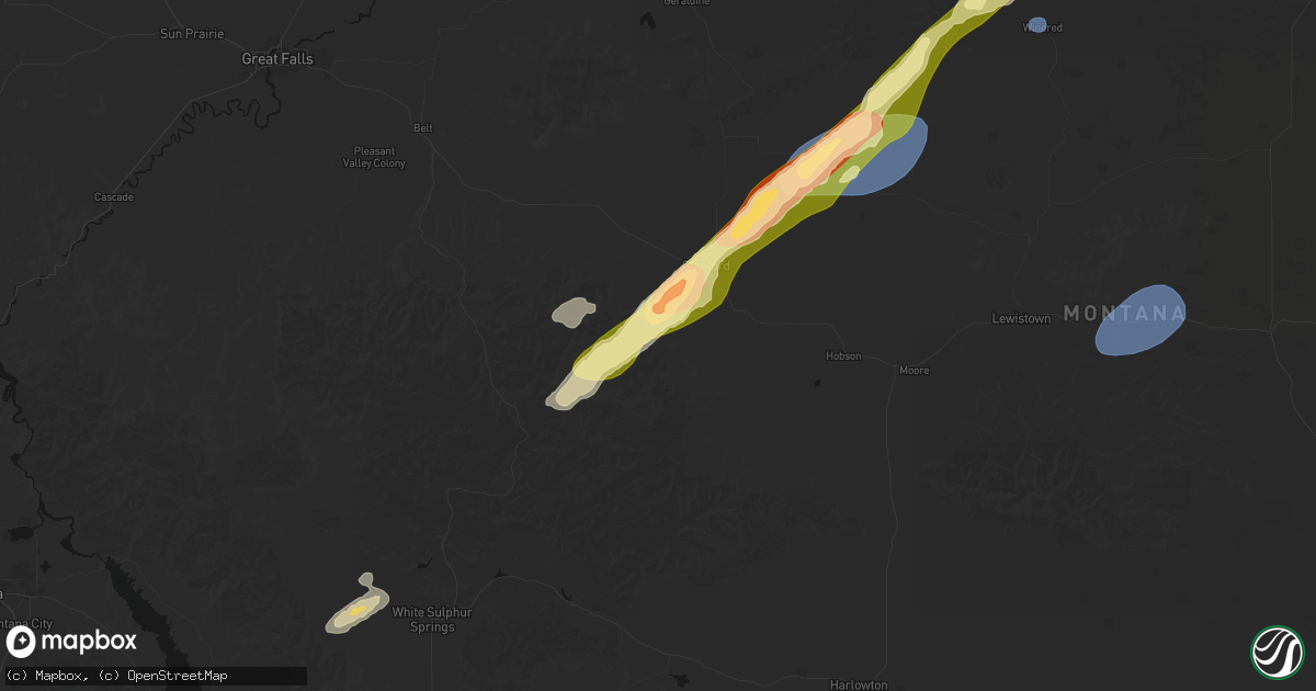 Hail map in Stanford, MT on July 5, 2026