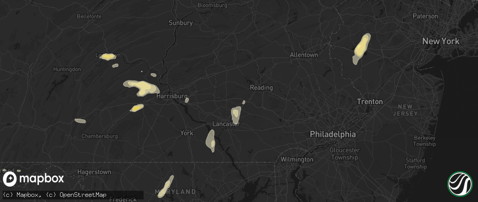 Hail map in Stevens, PA on July 5, 2026
