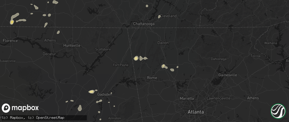 Hail map in Summerville, GA on July 5, 2026