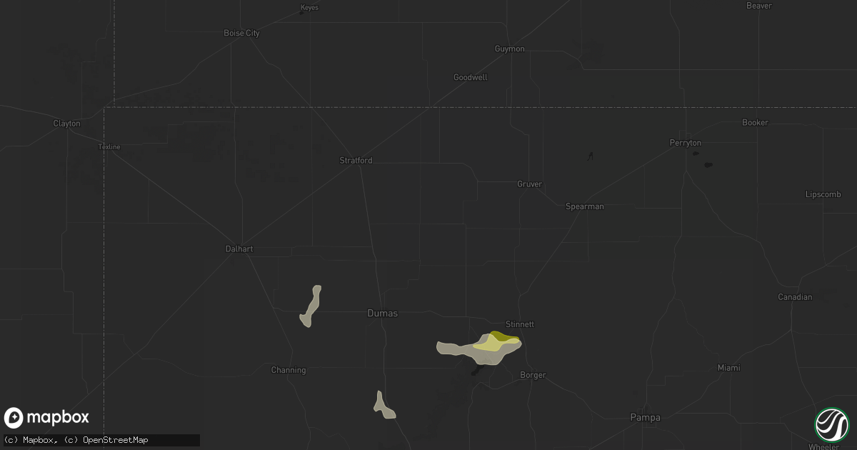 Hail map in Sunray, TX on July 5, 2026